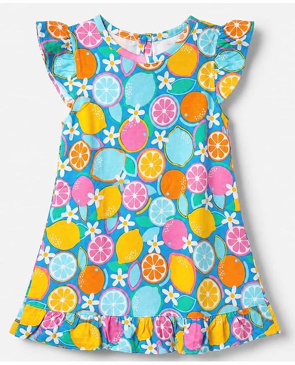 Babyhug Cotton Knit Half Frill Sleeves Full Length Nighty with Lemon Orange & Floral Print - Teal Blue