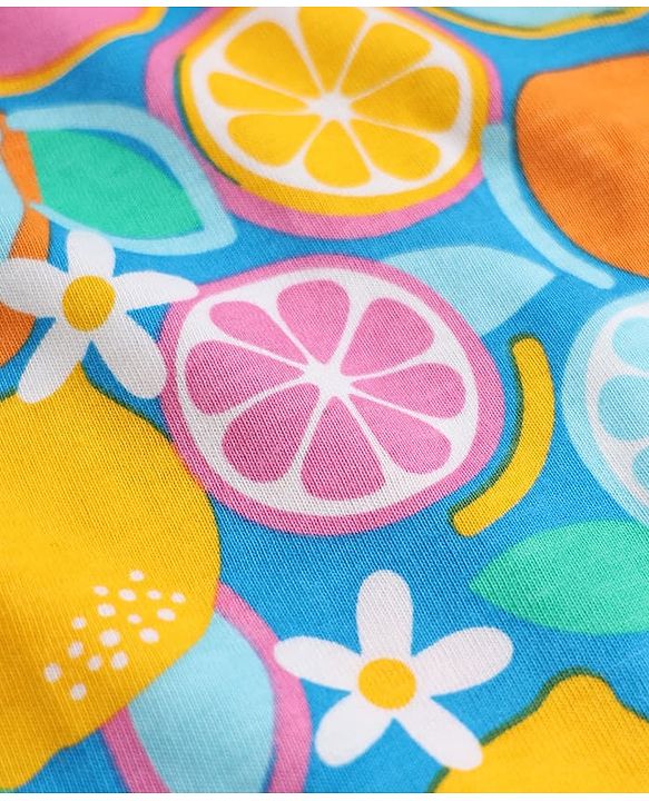 Babyhug Cotton Knit Half Frill Sleeves Full Length Nighty with Lemon Orange & Floral Print - Teal Blue