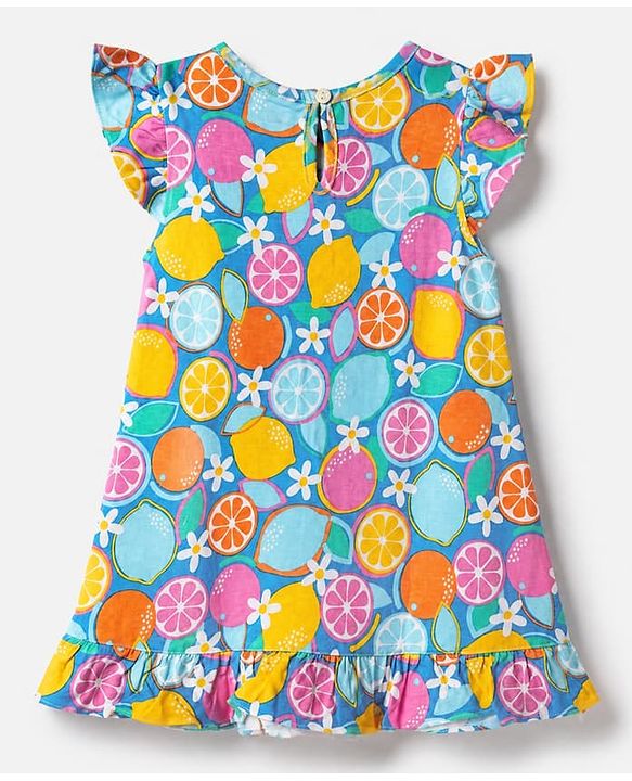 Babyhug Cotton Knit Half Frill Sleeves Full Length Nighty with Lemon Orange & Floral Print - Teal Blue