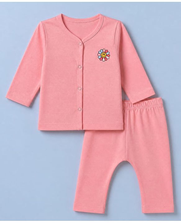 Babyhug Cotton Knit Front Open Full Sleeves T-Shirt & Pajama Night Suit with Flower Print - Peach