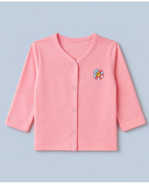 Babyhug Cotton Knit Front Open Full Sleeves T-Shirt & Pajama Night Suit with Flower Print - Peach
