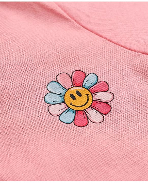Babyhug Cotton Knit Front Open Full Sleeves T-Shirt & Pajama Night Suit with Flower Print - Peach