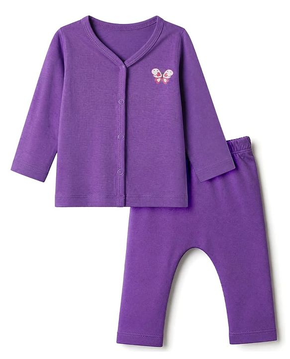 Babyhug Cotton Knit Front Open Full Sleeves T-Shirt & Pajama Night Suit with Butterfly Print - Purple