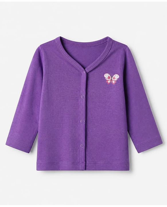 Babyhug Cotton Knit Front Open Full Sleeves T-Shirt & Pajama Night Suit with Butterfly Print - Purple