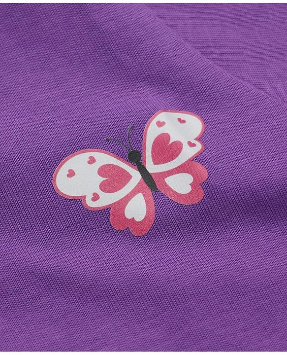 Babyhug Cotton Knit Front Open Full Sleeves T-Shirt & Pajama Night Suit with Butterfly Print - Purple