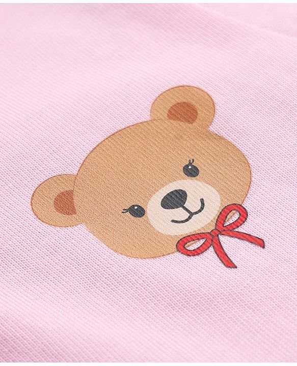 Babyhug Cotton Knit Front Open Full Sleeves T-Shirt & Pajama Night Suit with Teddy Print - Light Pink
