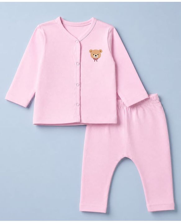 Babyhug Cotton Knit Front Open Full Sleeves T-Shirt & Pajama Night Suit with Teddy Print - Light Pink