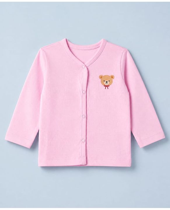 Babyhug Cotton Knit Front Open Full Sleeves T-Shirt & Pajama Night Suit with Teddy Print - Light Pink