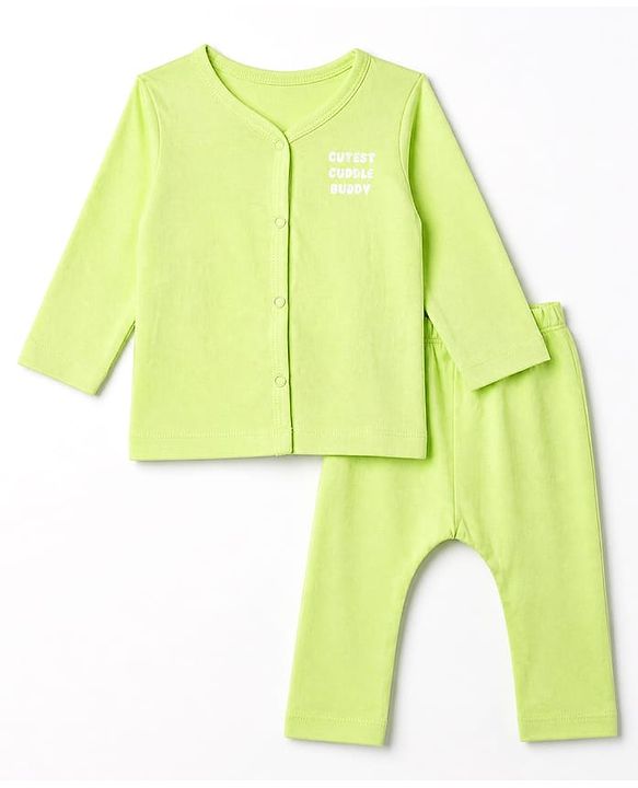 Babyhug Cotton Knit Front Open Full Sleeves T-Shirt & Pajama Night Suit with Cutest Cuddle Buddy Text Print - Light Green