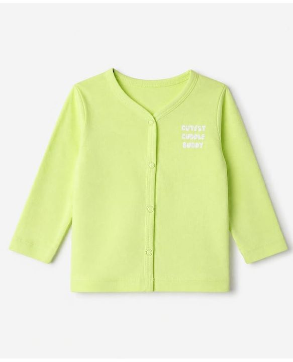 Babyhug Cotton Knit Front Open Full Sleeves T-Shirt & Pajama Night Suit with Cutest Cuddle Buddy Text Print - Light Green