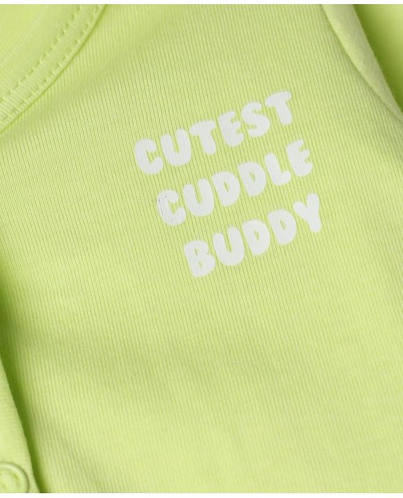 Babyhug Cotton Knit Front Open Full Sleeves T-Shirt & Pajama Night Suit with Cutest Cuddle Buddy Text Print - Light Green