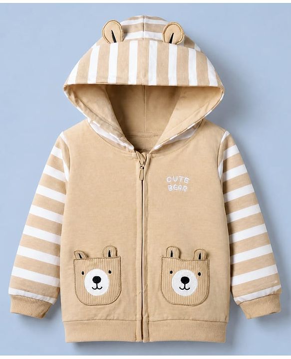 Babyhug 100% Cotton Knit Full Sleeves Hooded Sweatshirt with Bear Applique - Beige