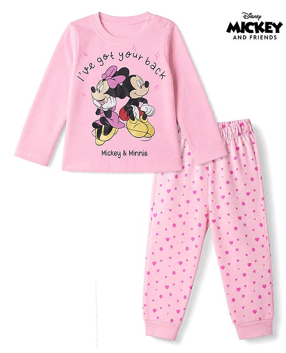 Babyhug Disney 100% Cotton Single Jersey Knit Full Sleeves T-Shirt & Pyjama Night Suit With Minnie Mouse Print - Baby Pink