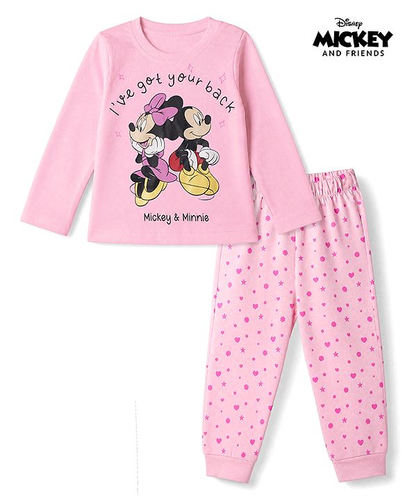 Babyhug Disney 100% Cotton Single Jersey Knit Full Sleeves T-Shirt & Pyjama Night Suit With Minnie Mouse Print - Baby Pink
