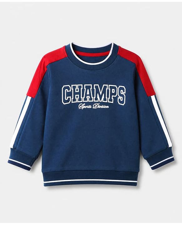 Babyhug 100% Cotton Knit Full Sleeves Heavy Gauge Sweatshirt With Champs Print - Navy Blue