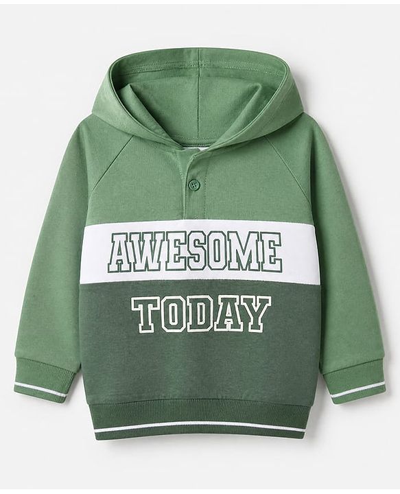 Babyhug 100% Cotton Ottoman Heavy Gauge Knit Front Open Hooded Sweatshirt with Full Raglan Sleeves and Awesome Today Print - Green