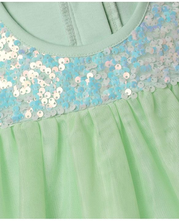 Babyhug Sequin Woven Solid Mesh Embroidered York Ruffle Sleeves Onesie - Green