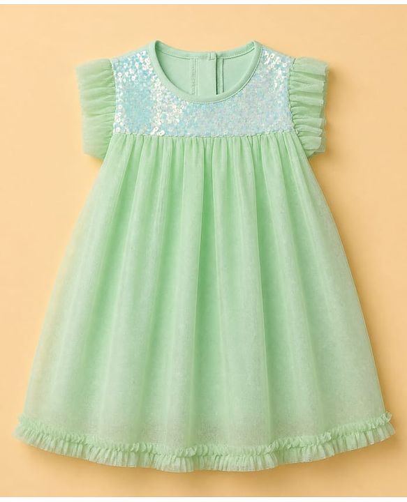 Babyhug Sequin Woven Solid Mesh Embroidered York Ruffle Sleeves Onesie - Green