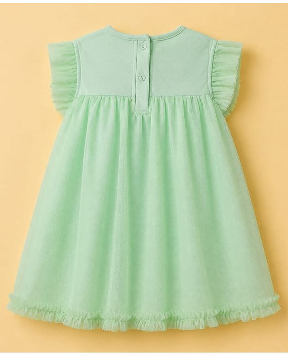 Babyhug Sequin Woven Solid Mesh Embroidered York Ruffle Sleeves Onesie - Green