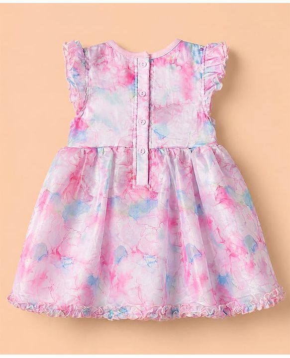 Babyhug Organza Woven Solid Ruffle Sleeves Onesie with Bow at York Party - Pink
