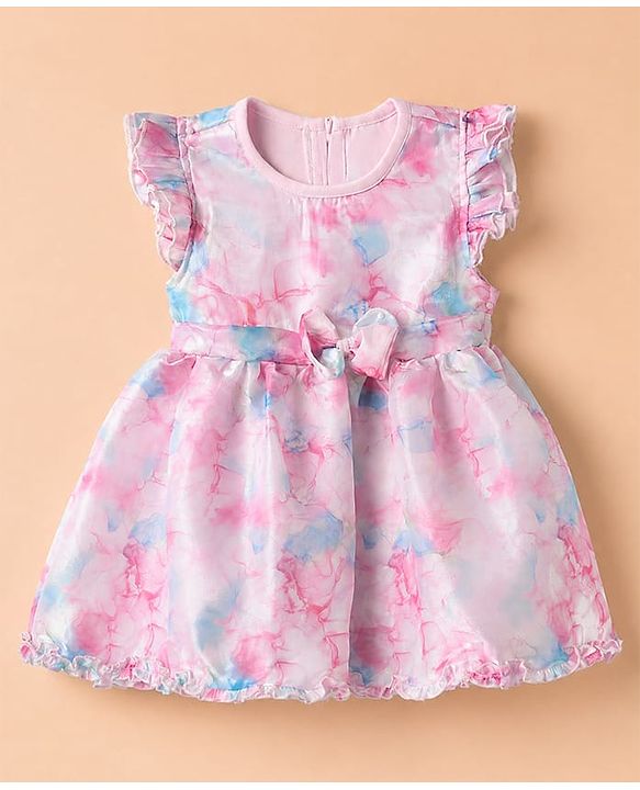 Babyhug Organza Woven Solid Ruffle Sleeves Onesie with Bow at York Party - Pink