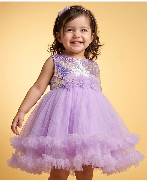 Babyhug Sequinned Solid Mesh Sleeveless Party Dress With Floral Applique - Lilac