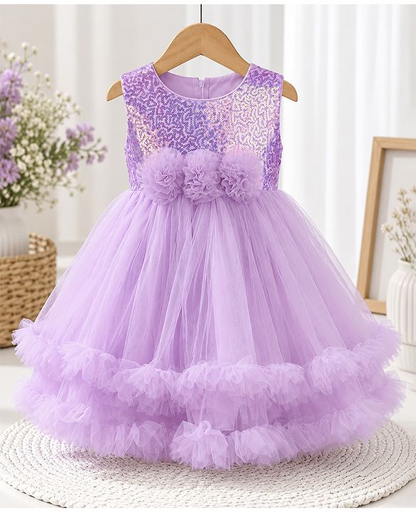 Babyhug Sequinned Solid Mesh Sleeveless Party Dress With Floral Applique - Lilac