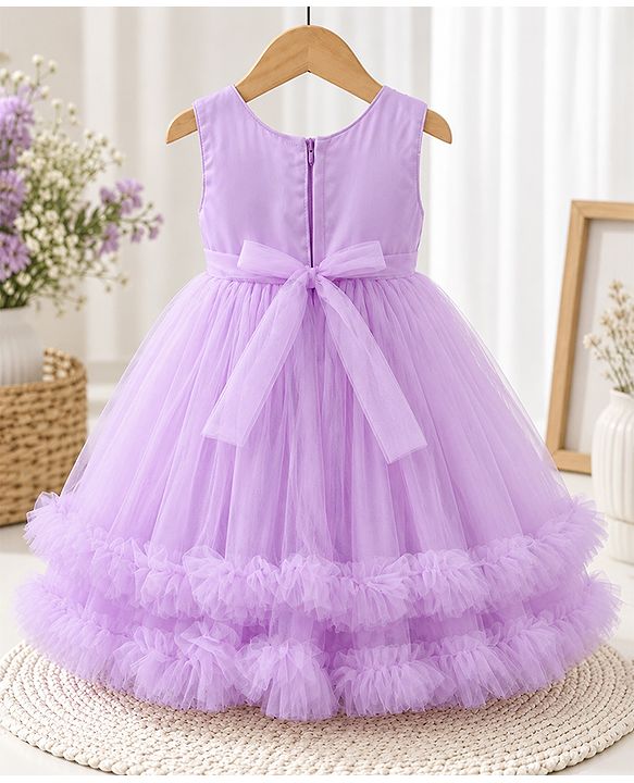 Babyhug Sequinned Solid Mesh Sleeveless Party Dress With Floral Applique - Lilac