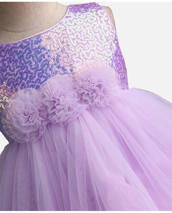 Babyhug Sequinned Solid Mesh Sleeveless Party Dress With Floral Applique - Lilac