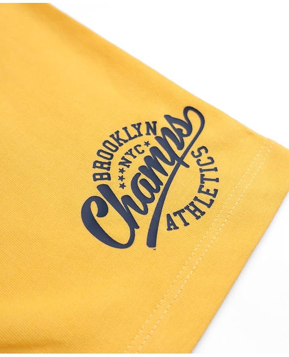Babyhug 100% Cotton Knit Mid Thigh Shorts with Brooklyn Nyc Champs Athletics Print in Yellow for 5-6 Years