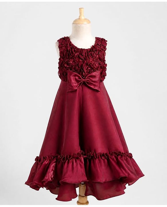 Babyhug Organza Woven Sleeveless Party Gown With Floral & Yok With Bow Applique - Wine