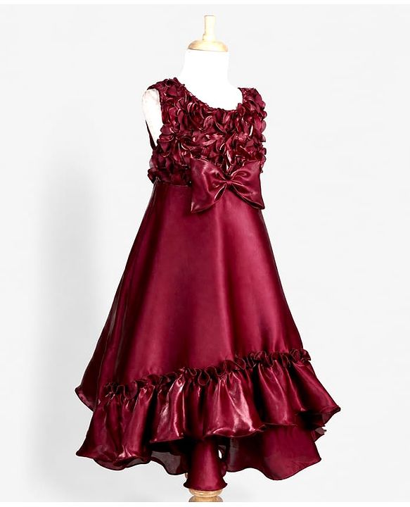 Babyhug Organza Woven Sleeveless Party Gown With Floral & Yok With Bow Applique - Wine