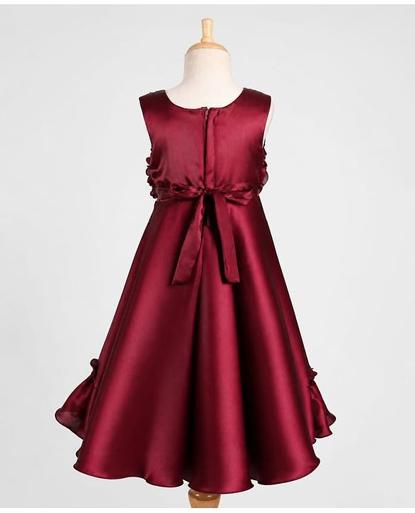 Babyhug Organza Woven Sleeveless Party Gown With Floral & Yok With Bow Applique - Wine