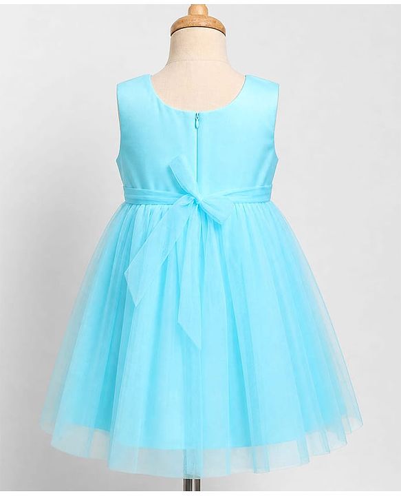 Babyhug Solid Mesh Sleeveless Party Dress with Sequins York and Corsage Flowers at York - Light Blue
