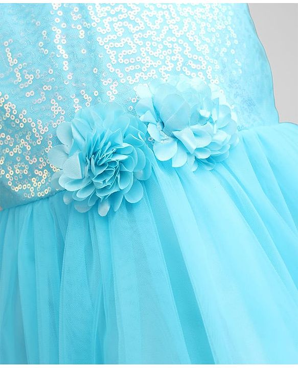 Babyhug Solid Mesh Sleeveless Party Dress with Sequins York and Corsage Flowers at York - Light Blue
