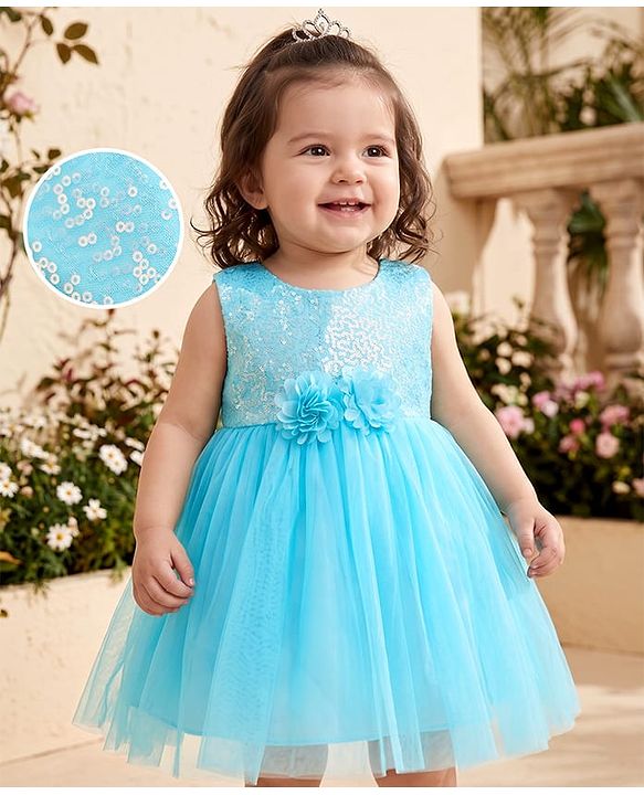 Babyhug Solid Mesh Sleeveless Party Dress with Sequins York and Corsage Flowers at York - Light Blue