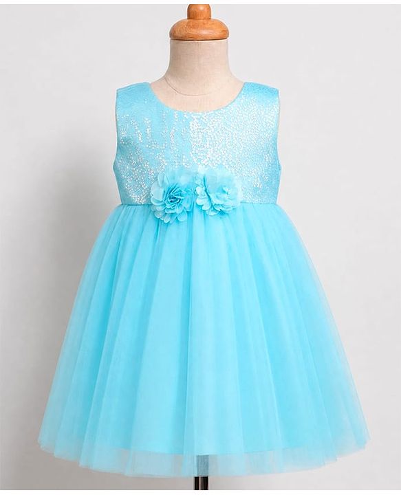 Babyhug Solid Mesh Sleeveless Party Dress with Sequins York and Corsage Flowers at York - Light Blue