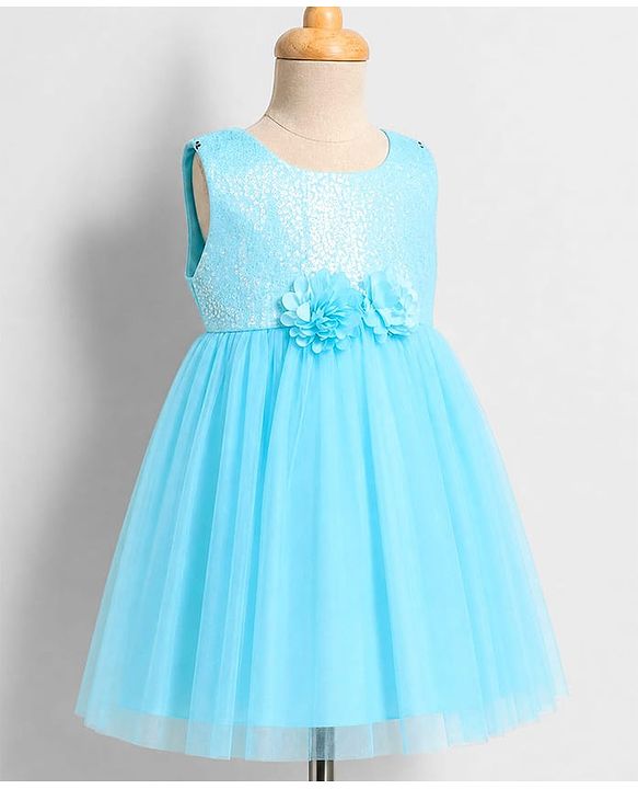 Babyhug Solid Mesh Sleeveless Party Dress with Sequins York and Corsage Flowers at York - Light Blue