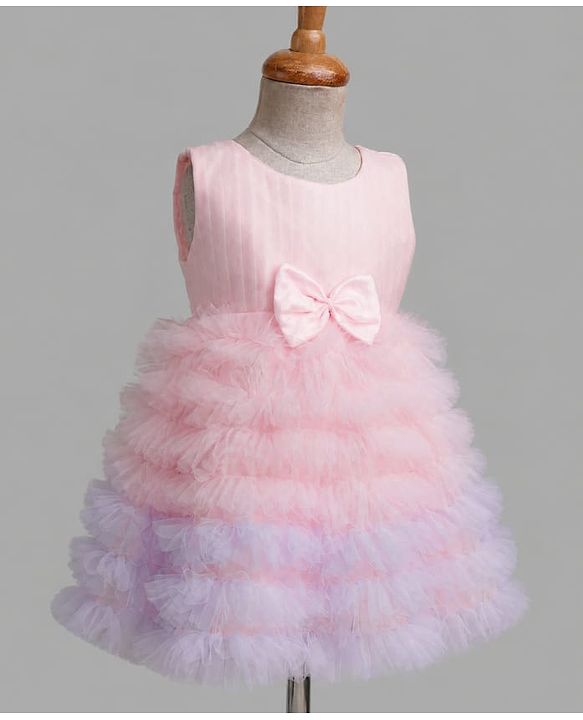 Babyhug Solid Mesh Woven Sleeveless Party Dress & Pleated York with Bow Applique - Pink