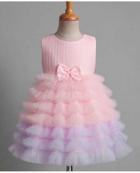 Babyhug Solid Mesh Woven Sleeveless Party Dress & Pleated York with Bow Applique - Pink