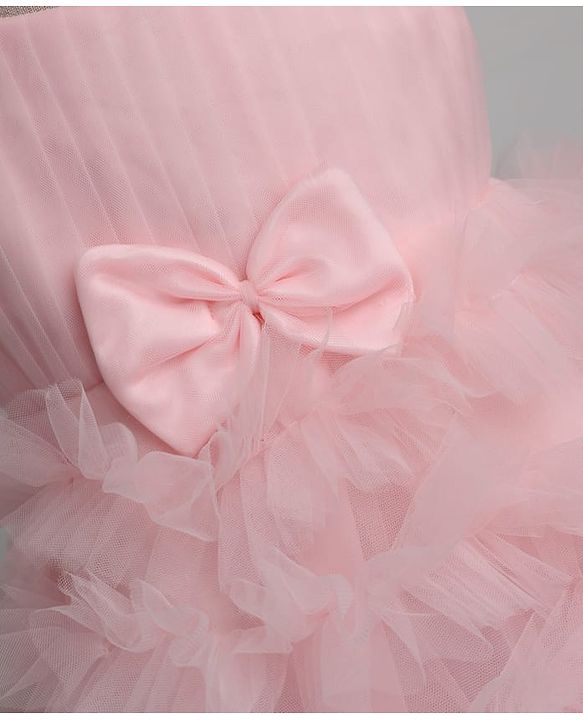 Babyhug Solid Mesh Woven Sleeveless Party Dress & Pleated York with Bow Applique - Pink