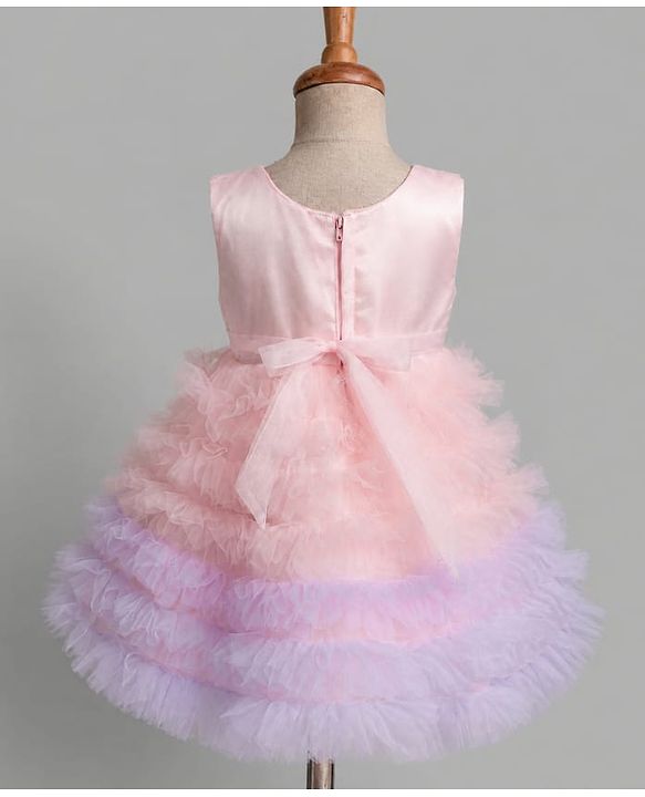 Babyhug Solid Mesh Woven Sleeveless Party Dress & Pleated York with Bow Applique - Pink