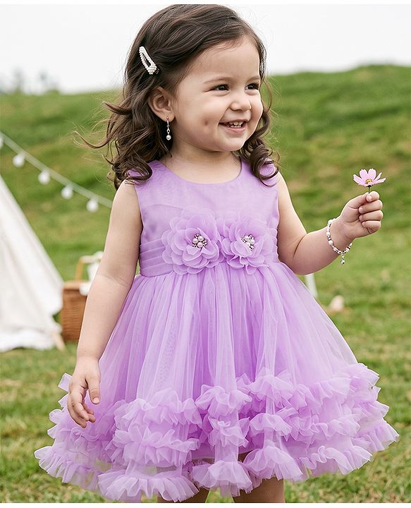 Babyhug Solid Mesh Woven Sleeveless Party Dress with Corsage Flowers on York - Lilac