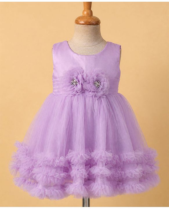 Babyhug Solid Mesh Woven Sleeveless Party Dress with Corsage Flowers on York - Lilac