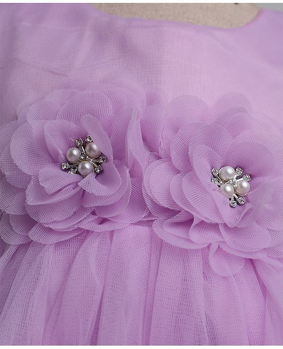Babyhug Solid Mesh Woven Sleeveless Party Dress with Corsage Flowers on York - Lilac