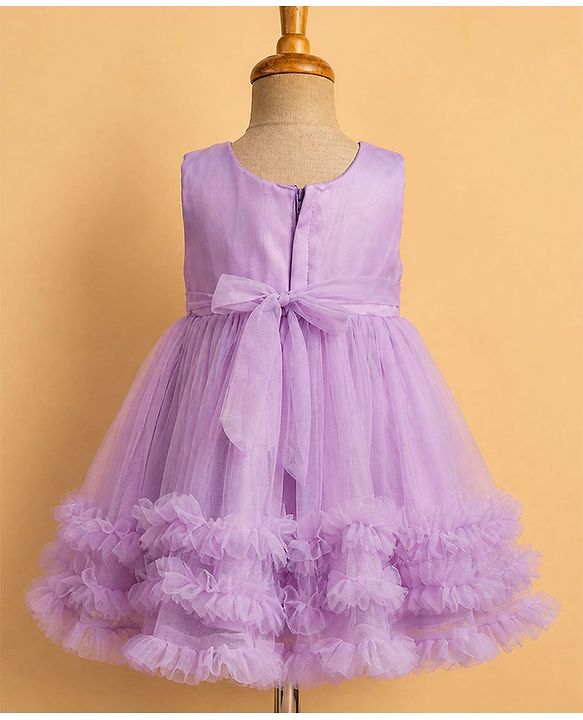 Babyhug Solid Mesh Woven Sleeveless Party Dress with Corsage Flowers on York - Lilac