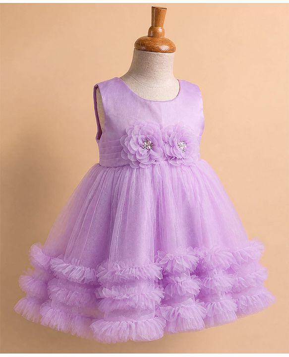 Babyhug Solid Mesh Woven Sleeveless Party Dress with Corsage Flowers on York - Lilac