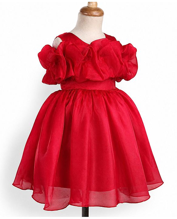 Babyhug Solid Organzza Woven Sleeveless Party Dress with Cold Shoulder Ruffle Detailing - Red