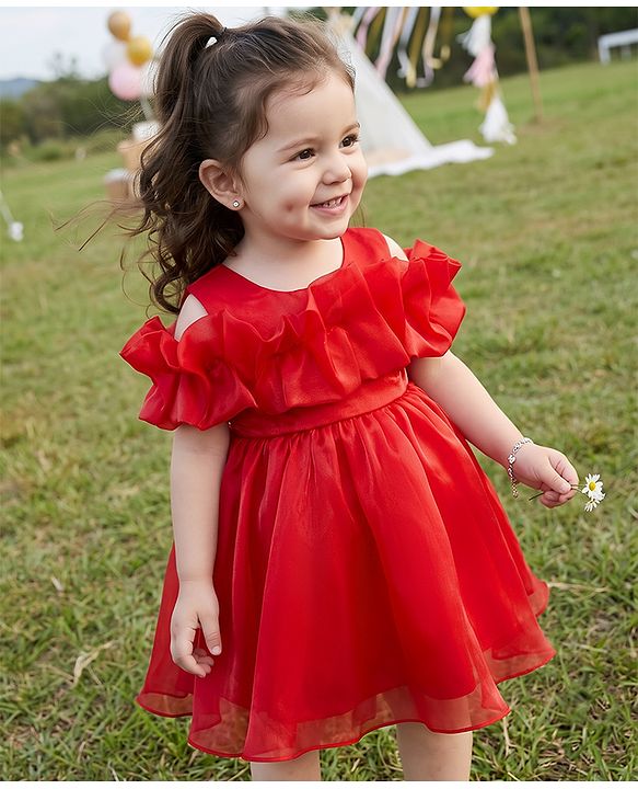 Babyhug Solid Organzza Woven Sleeveless Party Dress with Cold Shoulder Ruffle Detailing - Red