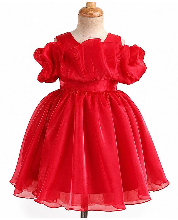 Babyhug Solid Organzza Woven Sleeveless Party Dress with Cold Shoulder Ruffle Detailing - Red